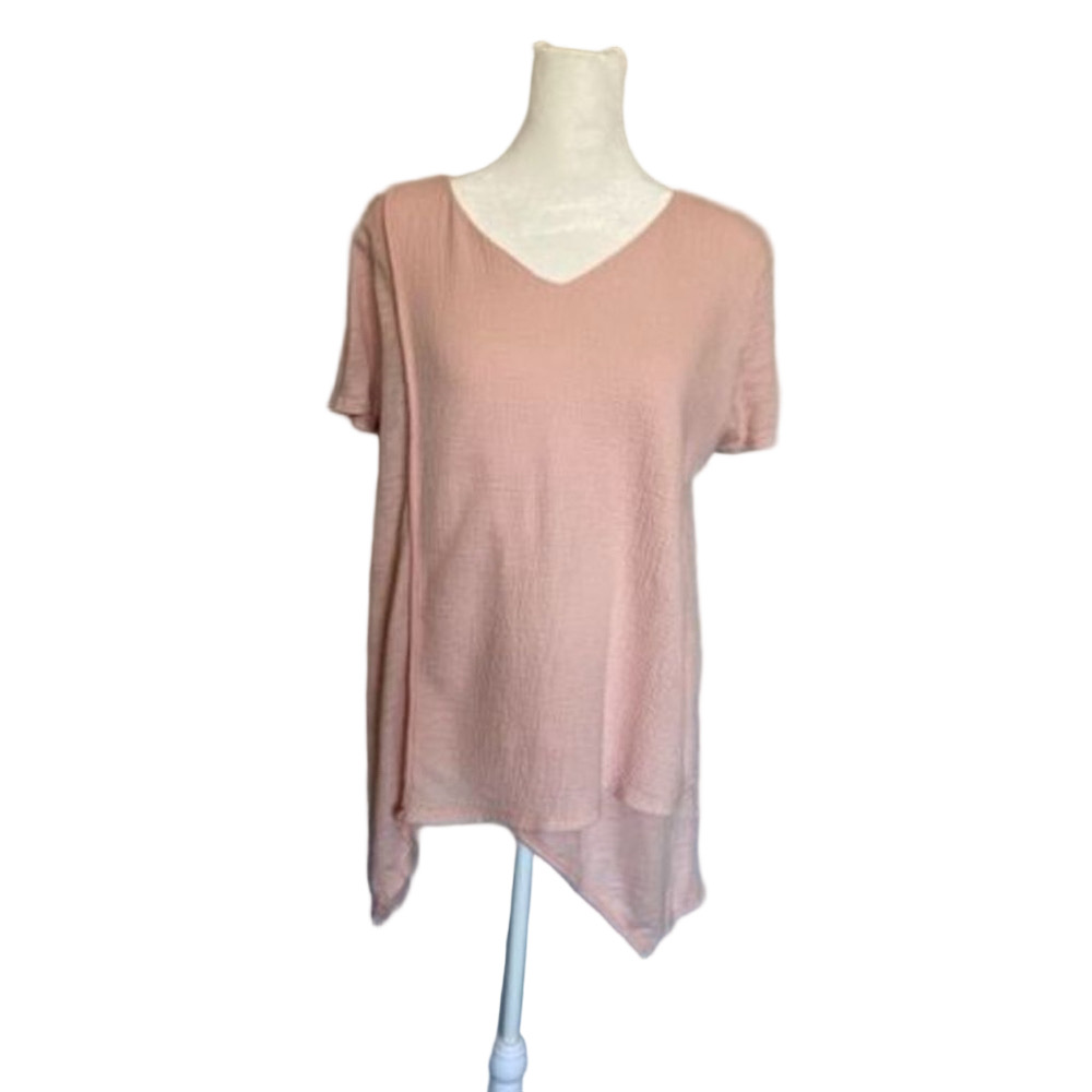 Soft Surroundings Pink Tee Tunic Top Mixed Media Gauze Asymmetrical Style Blus